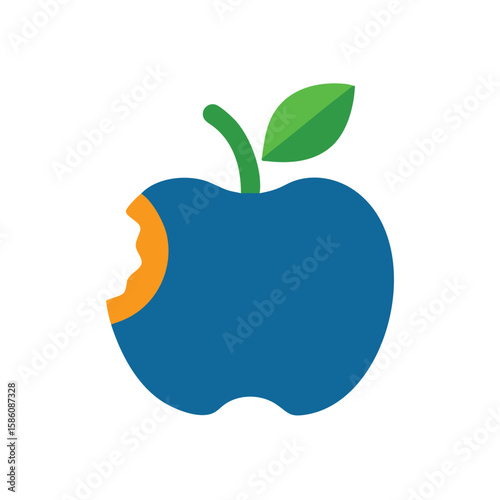 Blue apple with a bite missing green leaf stem orange inside on vector
