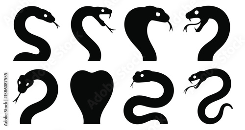 Collection of eight black snake silhouettes in varied poses and head styles, symbolizing danger, elegance, and mysticism on white background