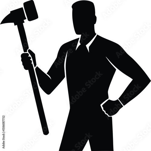 Labor Worker Holding Hammer Silhouette Vector Illustration for Clipart Design