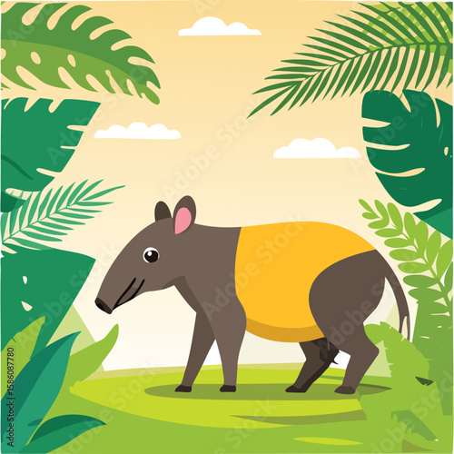 Cute tapir walking in jungle flat vector