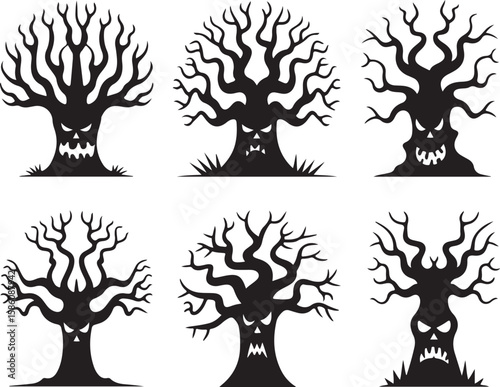 Vector art of spooky Halloween trees with scary faces isolated on white background