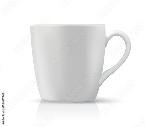 Realistic vector illustration of a plain white ceramic coffee mug with a curved handle, isolated on a white background with soft shadows and reflection. Clean and minimal design 