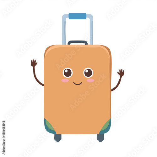 Cute suitcase waving goodbye flat vector