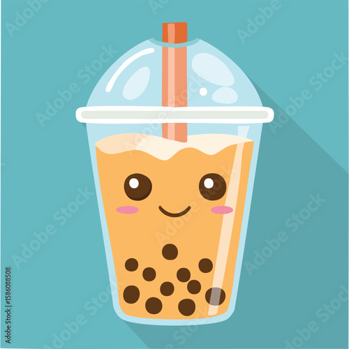 Cute bubble tea sipping itself flat vector