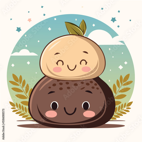 Cute mochi stack hugging each other flat vector
