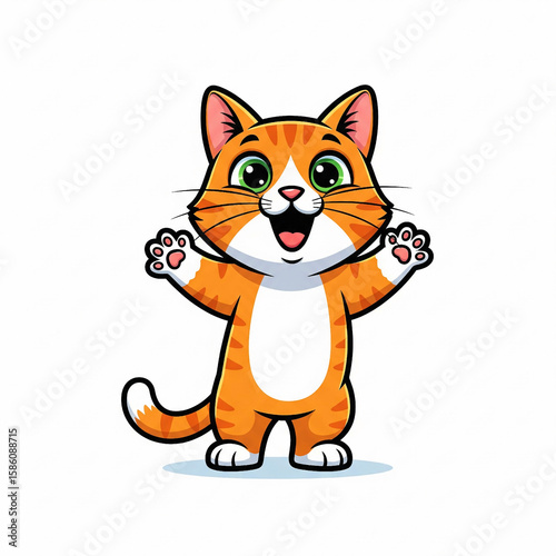 Cheerful orange tabby cat waving with green eyes and white chest kitten