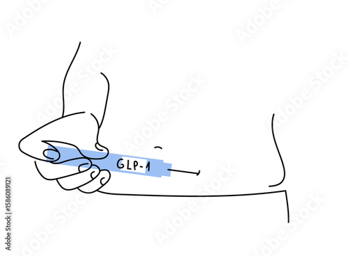 close up person self-injects GLP-1 treatment into her belly using an injector pen. Vector line art hand drawn  illustration.