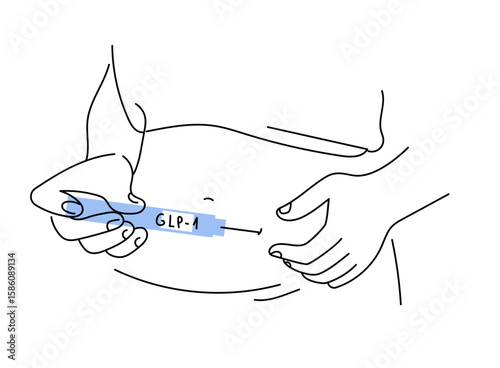 close up person self-injects GLP-1 treatment into her belly using an injector pen. Vector line art hand drawn  illustration.