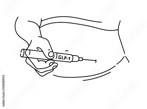 Close up person self-injects GLP-1 treatment into her belly using an injector pen. Vector line art hand drawn  illustration.