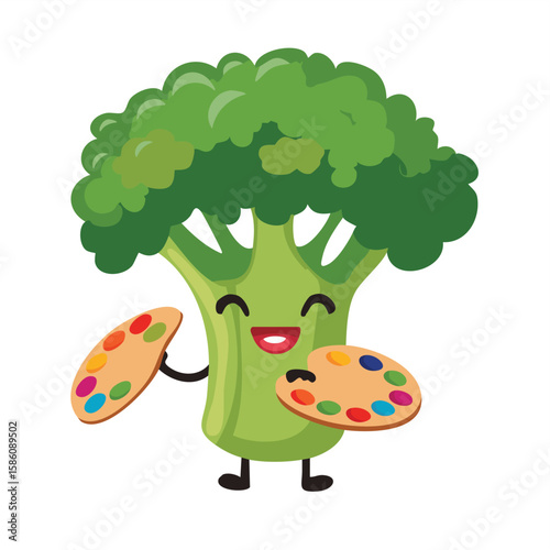 Cute artist broccoli with palette flat vector