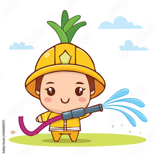 Cute firefighter onion spraying water flat vector