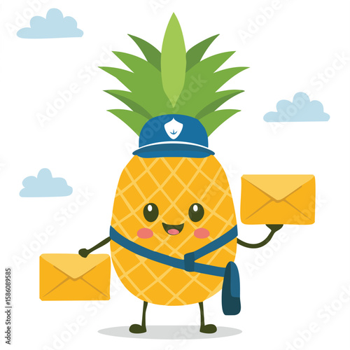 Cute mailman pineapple holding letters flat vector