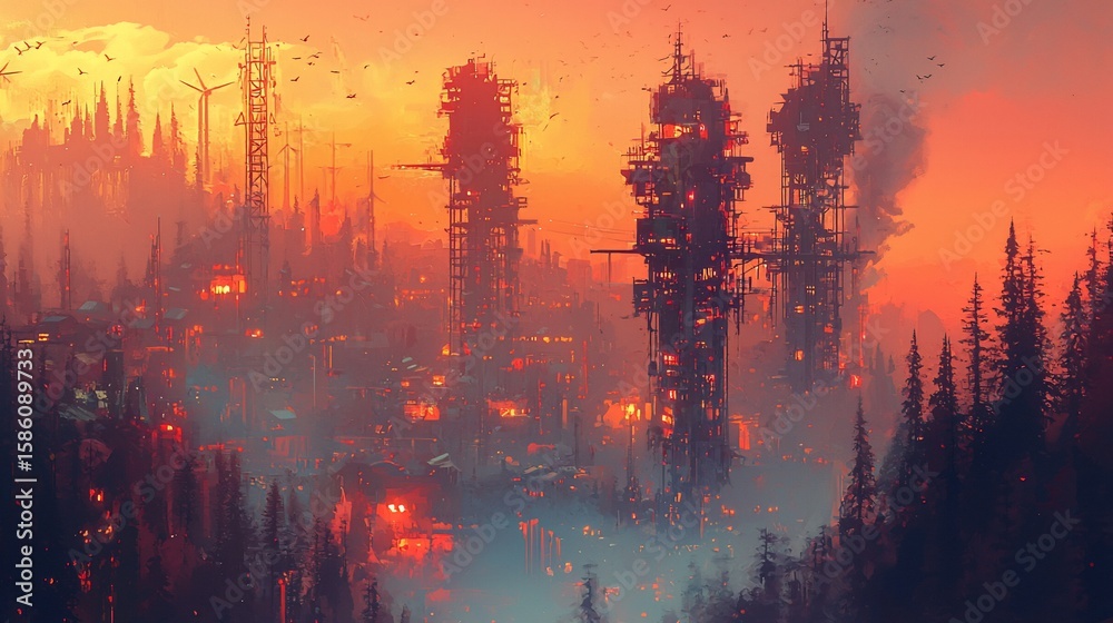 Naklejka premium Fiery Sunset Over a Post-Apocalyptic Cityscape