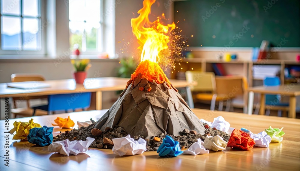Obraz premium Volcano Model Erupts in Classroom Science Project