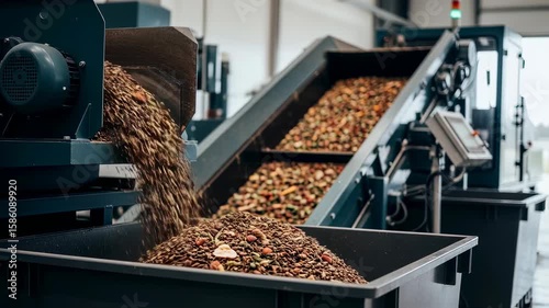 Eco industrial machinery handling food leftovers for natural decomposition cycle.