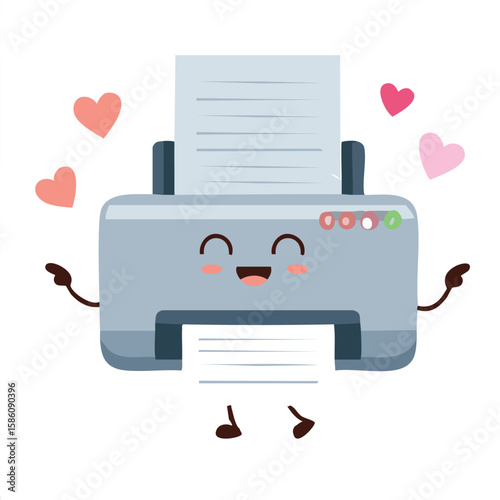 Cute printer dancing with papers flat vector