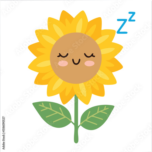 Cute sunflower with sleepy face flat vector