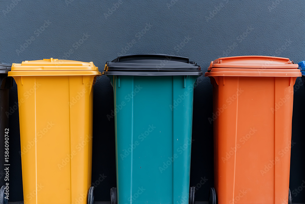 Fototapeta premium Row of colorful wheelie bins: yellow, teal and orange, lined up against a neutral backdrop. Recycling and waste management concept.