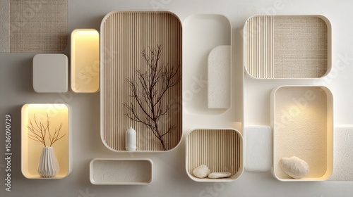 Minimalist wall-mounted shelves and niches in neutral tones display decorative branches and natural stones with soft ambient lighting.