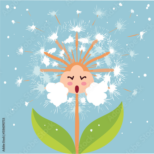 Cute dandelion puff sneezing flat vector