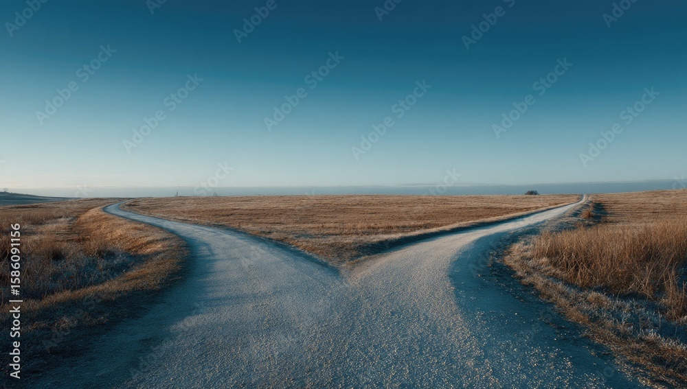 Fototapeta premium Two roads diverge in a vast, golden landscape under a clear, blue sky