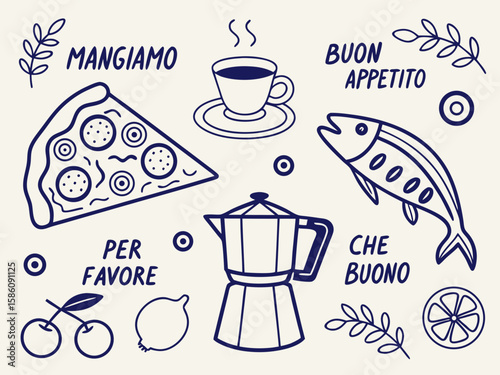 Doodle sketch of Italian food elements including pizza, espresso maker, olives, and grapes for hand-drawn rustic chalk-style menus, summer food illustrations, and poster art.

