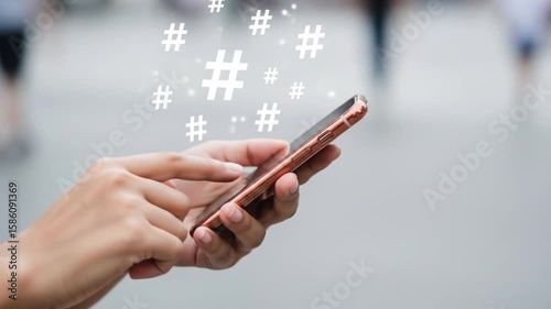 Hands using a smartphone with hashtag symbols floating above, representing social media trends and online communication
