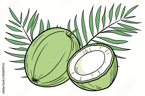 Whole and halved green coconuts with palm leaves tropical