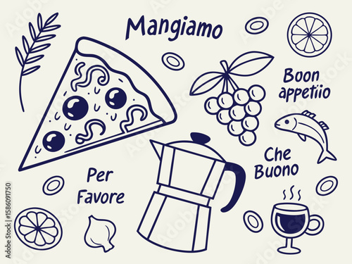 Charcoal ink sketch of pizza, olive oil, espresso, and lemon in charming hand-drawn Italian vector style for use in summer food branding, chalk menu flyers, and poster designs.


