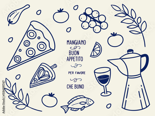 Charcoal ink sketch of pizza, olive oil, espresso, and lemon in charming hand-drawn Italian vector style for use in summer food branding, chalk menu flyers, and poster designs.

