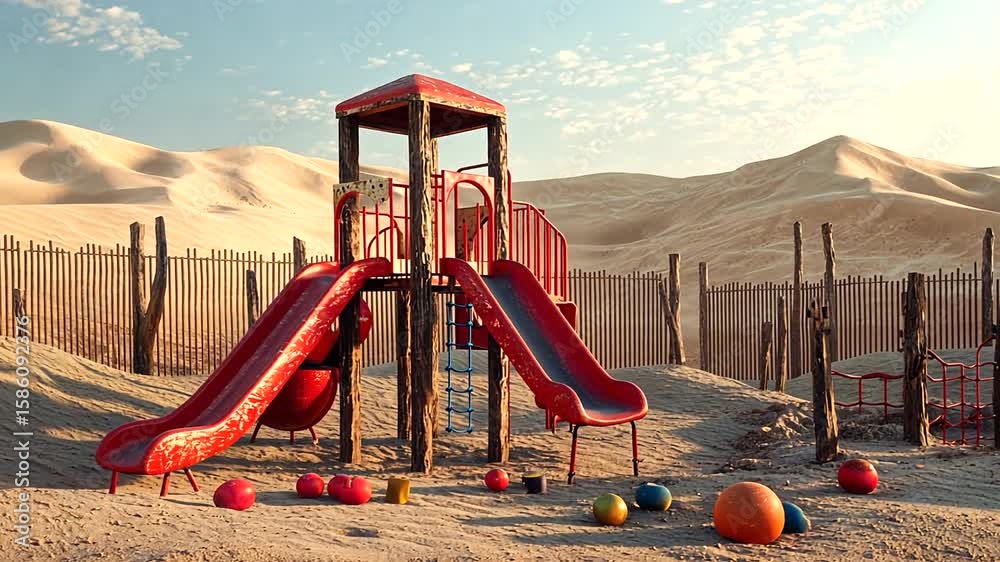 Colorful playground with slides and balls in a sandy desert landscape under a blue sky