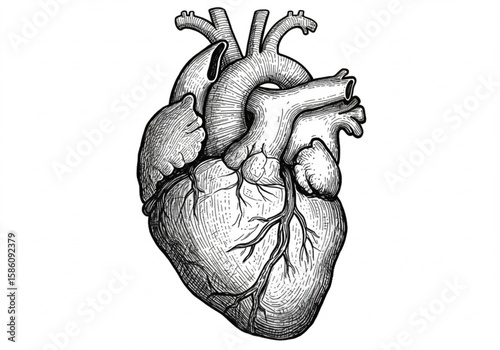 Detailed anatomical illustration of a human heart in vintage engraving style
