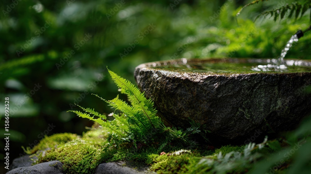 Obraz premium A serene stone basin with flowing water surrounded by lush green ferns and moss in a tranquil forest setting.
