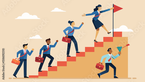 business professionals climbing towards success with leadership and overcoming challenges isolated on white background.