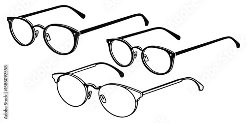 Three pairs of black outline eyeglasses isolated on white background