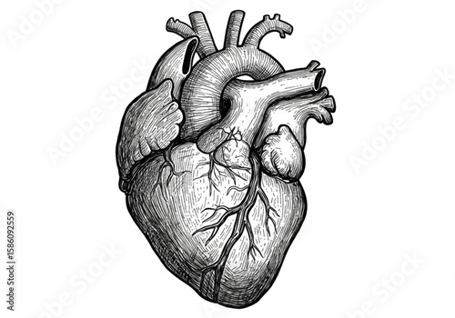 Detailed anatomical illustration of a human heart in a classic black and white engraving style