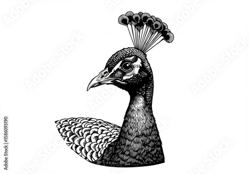 Detailed black and white ink drawing of a peacock head and neck