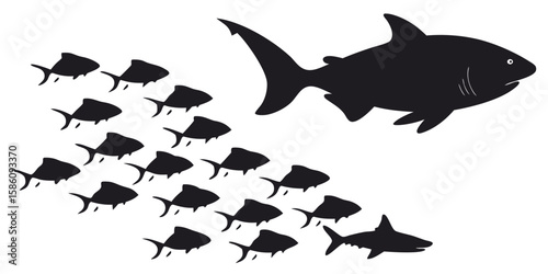 Silhouette of a shark chasing a school of fish isolated on white background