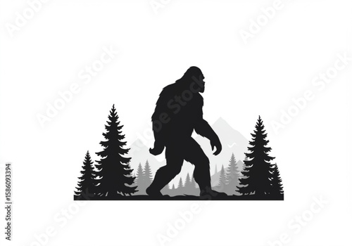 Silhouette of bigfoot walking through a forest with mountains in the background