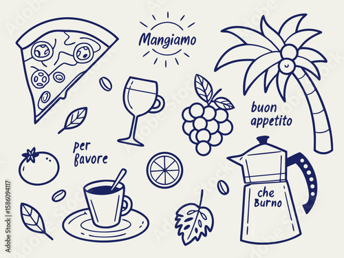 Summer vacation-themed Italian food sketch illustration in charcoal doodle style including pizza, fish, espresso maker, and grapes for use on menu covers and culinary event posters.

