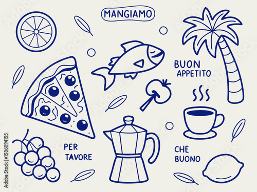 Summer vacation-themed Italian food sketch illustration in charcoal doodle style including pizza, fish, espresso maker, and grapes for use on menu covers and culinary event posters.

