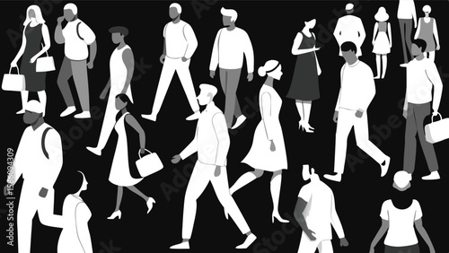 Vector art of a busy street scene with a diverse crowd of people walking isolated on transparent background