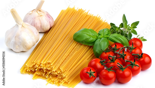 A vibrant arrangement of spaghetti, tomatoes, garlic, and basil isolated on white background