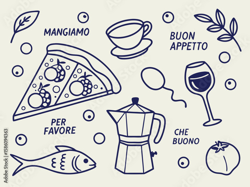 Rustic hand-sketched illustration of Italian food and drink with pizza, wine bottles, basil leaves, and coffee pot for cafe menus, food festival flyers, and culinary design templates.


