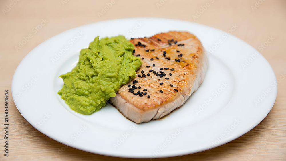 A grilled tuna steak served with vibrant green pea puree on a white plate A grilled tuna steak served with vibrant green pea puree on a white plate