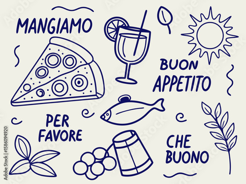 Cute and rustic Italian food icon illustrations in charcoal sketch featuring coffee, wine, grapes, pasta, and pizza for vintage-style poster art or cozy trattoria branding projects.

