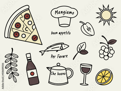 Hand-drawn pizza slice, basil, espresso, lemon, and wine bottle icons in Italian food doodle style for a chalkboard-themed menu, cafe wall art, or culinary event flyers and posters.

