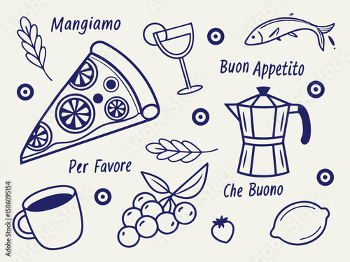 Rustic Italian food icons with pizza, cheese, tomatoes, and pasta drawn in hand-sketched chalk style, perfect for use in Italian restaurant branding, placards, and summer menu graphics.

