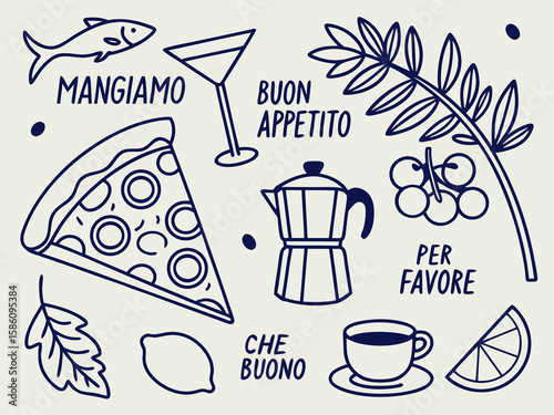 Cute hand-drawn Italian food icons set in ink sketch style, including pizza, olives, cheese, coffee, and wine, perfect for cafe menu design, travel posters, or culinary event branding.

