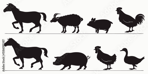 Collection of farm animal silhouettes including horse sheep pig chicken and duck isolated on white background
